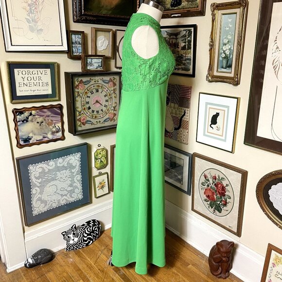 70s Vintage Kelly Green High Waist Sleeveless Polyester Dress with Lace Jacket - Picture 6 of 9